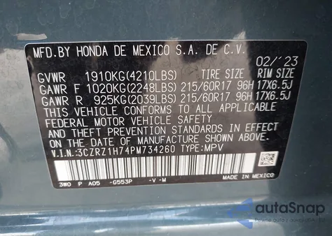 2023 Honda Hr-V 2Wd Ex-L from USA, damaged, VIN 3CZRZ1H74PM734260